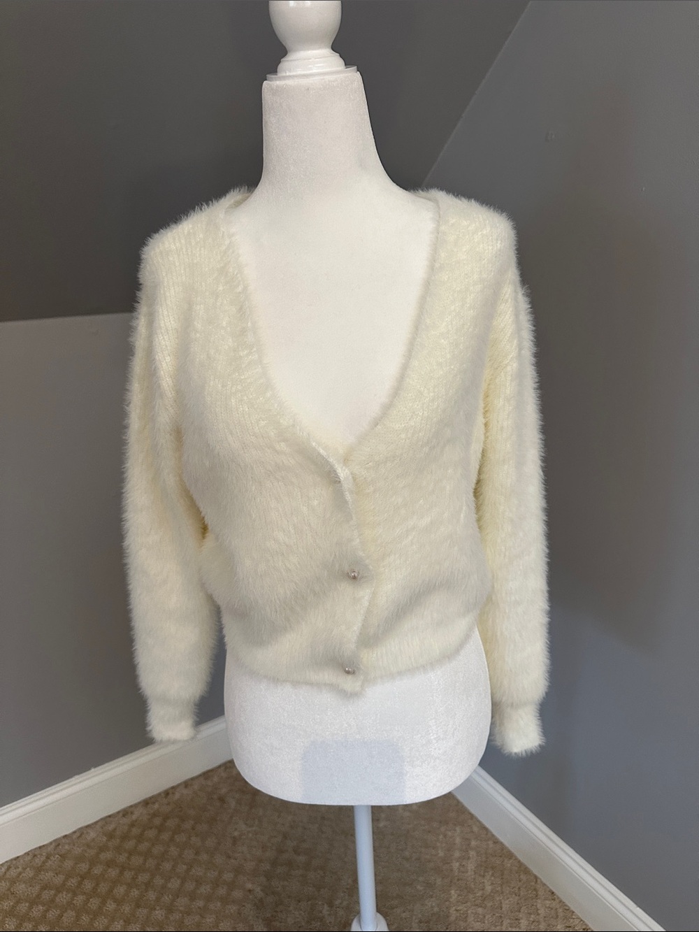 Soft V-Neck Fuzzy Cardigan Sweater - Cream
